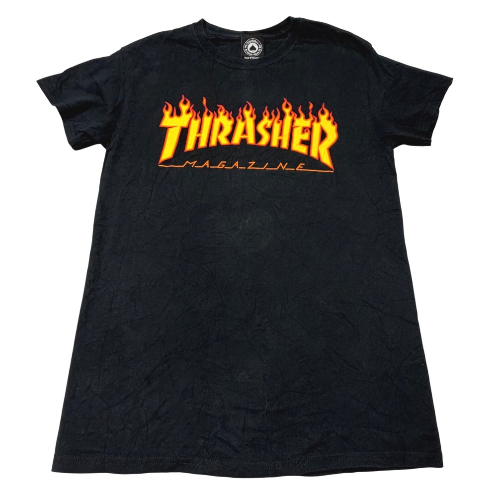Thrasher Magazine Flame Logo T-Shirt Black Skater Streetwear Graphic Tee Small